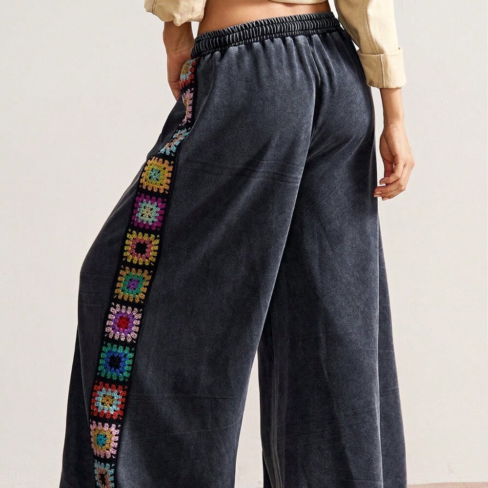Black Casual Women's Wide Leg Crochet Patchwork Knit Pants - Picture 2 of 8